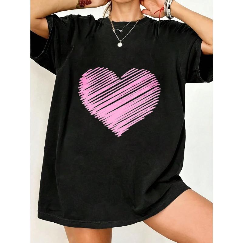 Oversized T Shirt Black Pink Heart Print Casual Wear For Women Summer Outfit Street Style Fashion Top