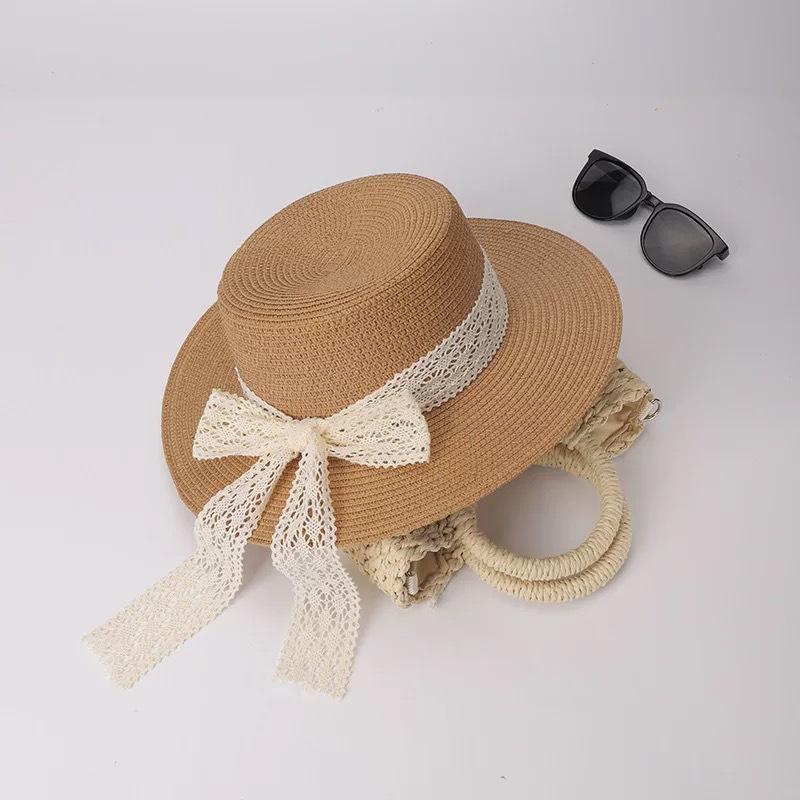 Flat-top straw hat women's straw top hat, new summer big-brimmed sun hat, seaside vacation sun hat