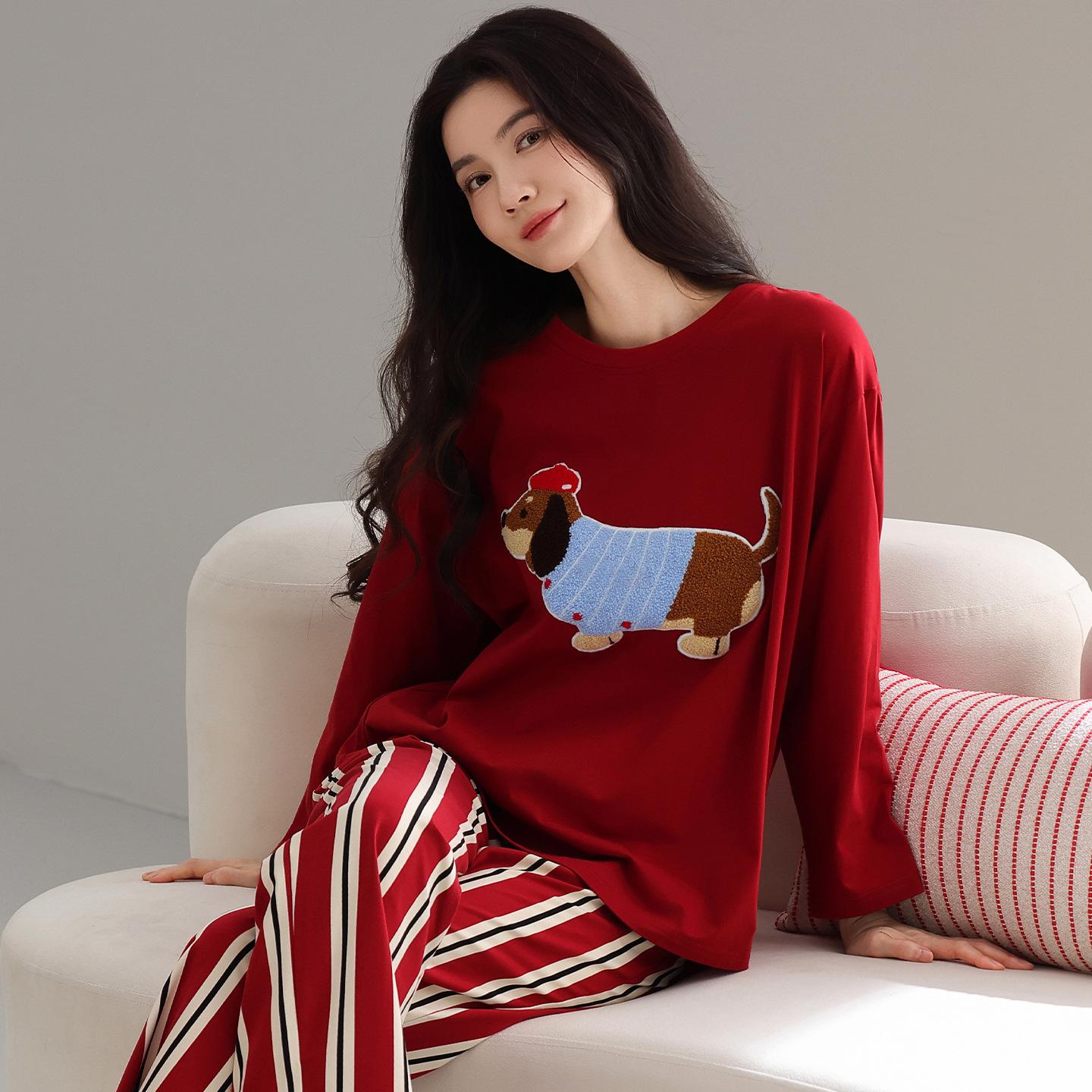 

Pajamas women s spring and autumn pure cotton long-sleeved red natal year can be worn outside cute cartoon loungewear cotton suit m recommended 40-50kg