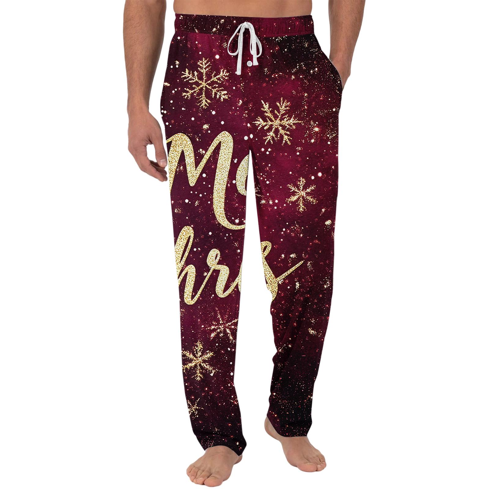 

Чоловічі штани з кишенями та для сну з різдвяним принтом | М яка бавовняна суміш, еластична талія XXL винний