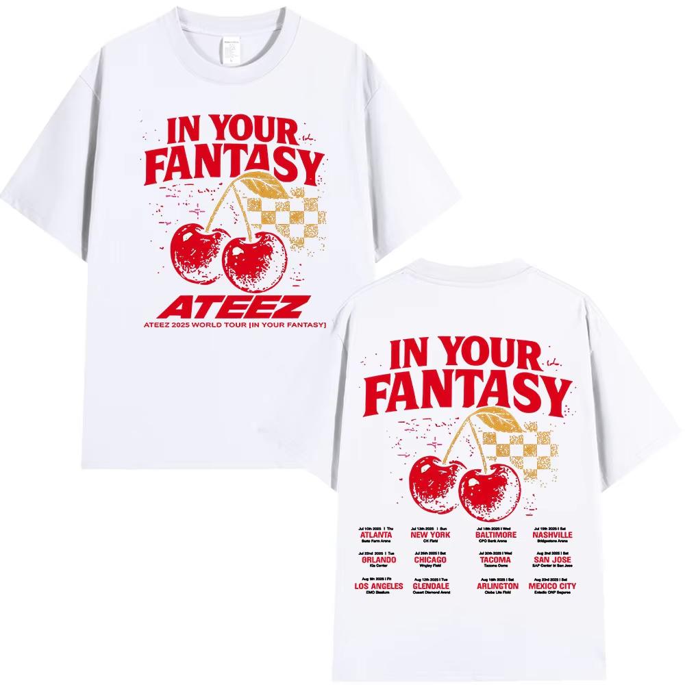 Ateez 2025 World Tour In Your Fantasy Tour Cherry T Shirts Korean Kpop Fashion T-shirt Men's Women Cotton Short Sleeve T-shirts