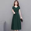 Plus Size Summer Lady Dress Slim Fit A-line Midi Dress Round Neck Short Sleeves Slim Waist Pure Color Mid-calf Length OL Commute