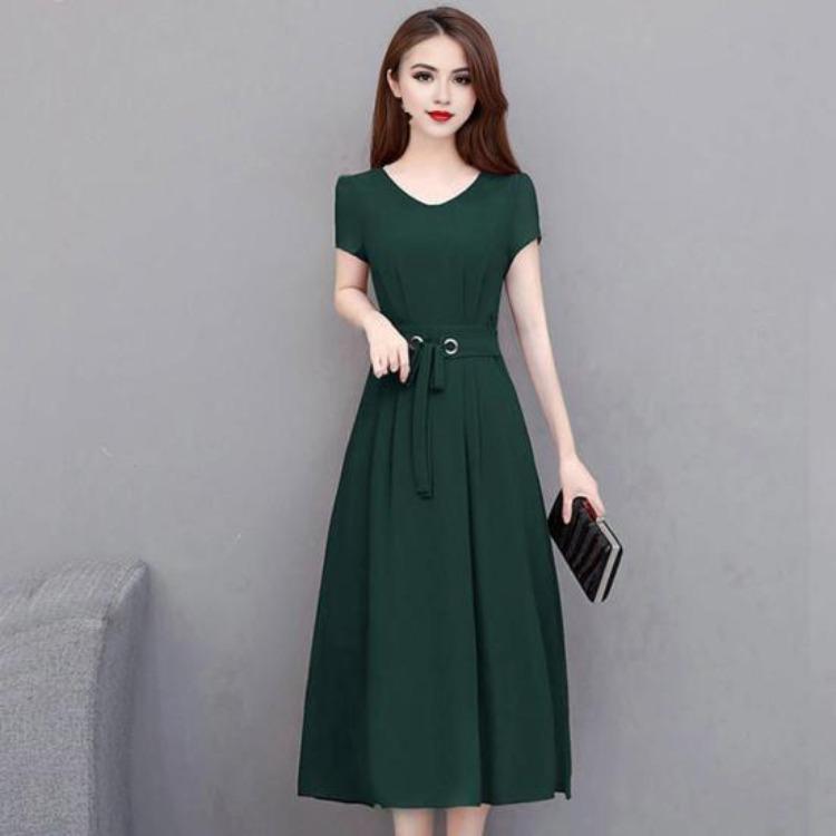 Plus Size Summer Lady Dress Slim Fit A-line Midi Dress Round Neck Short Sleeves Slim Waist Pure Color Mid-calf Length OL Commute