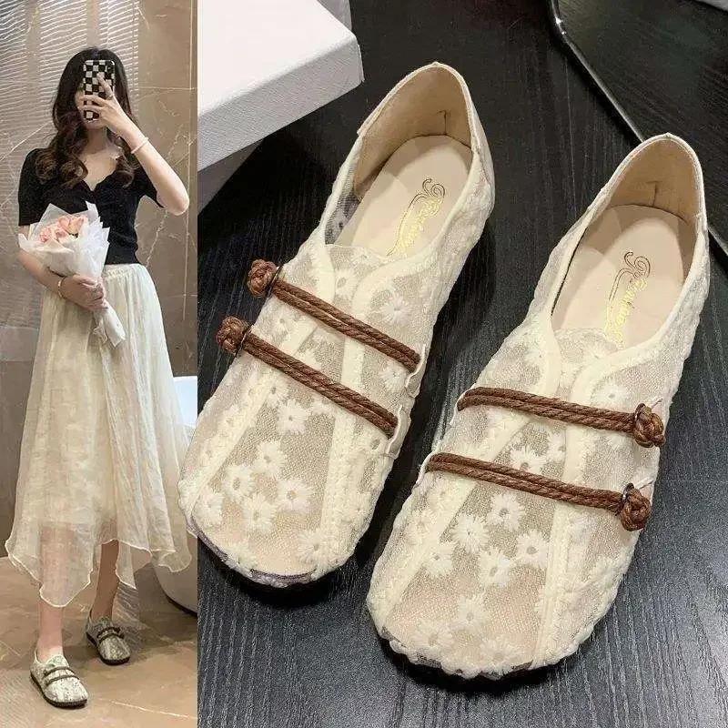 Fashion Summer Leisure Lace Hollow Out Fishing Boat Shoes Women's New Style 2025 Breathable Anti-slip Lightweight Flat Footwear