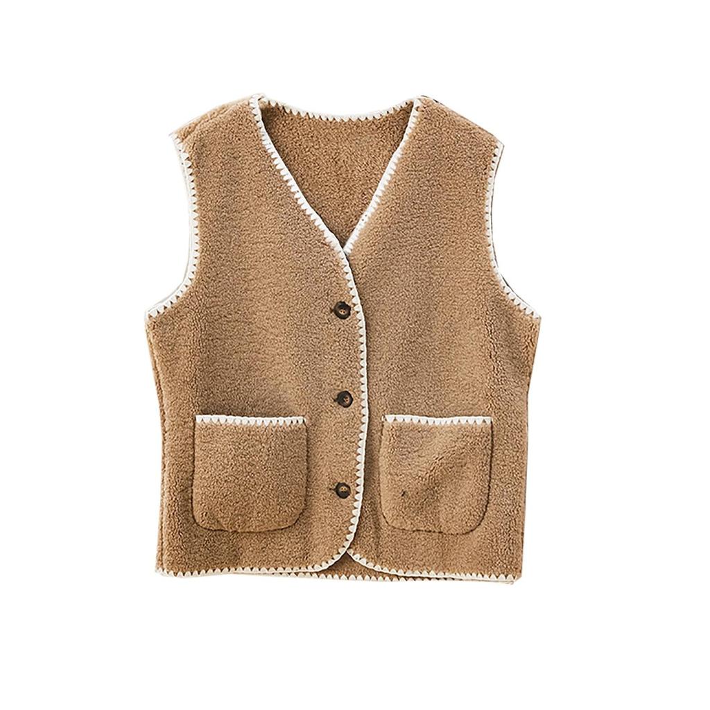 Dame Fuzzy Fleece Vest Ermløs Fargeblokkert Jakke Knappelukking Yttertøy Med Lommer