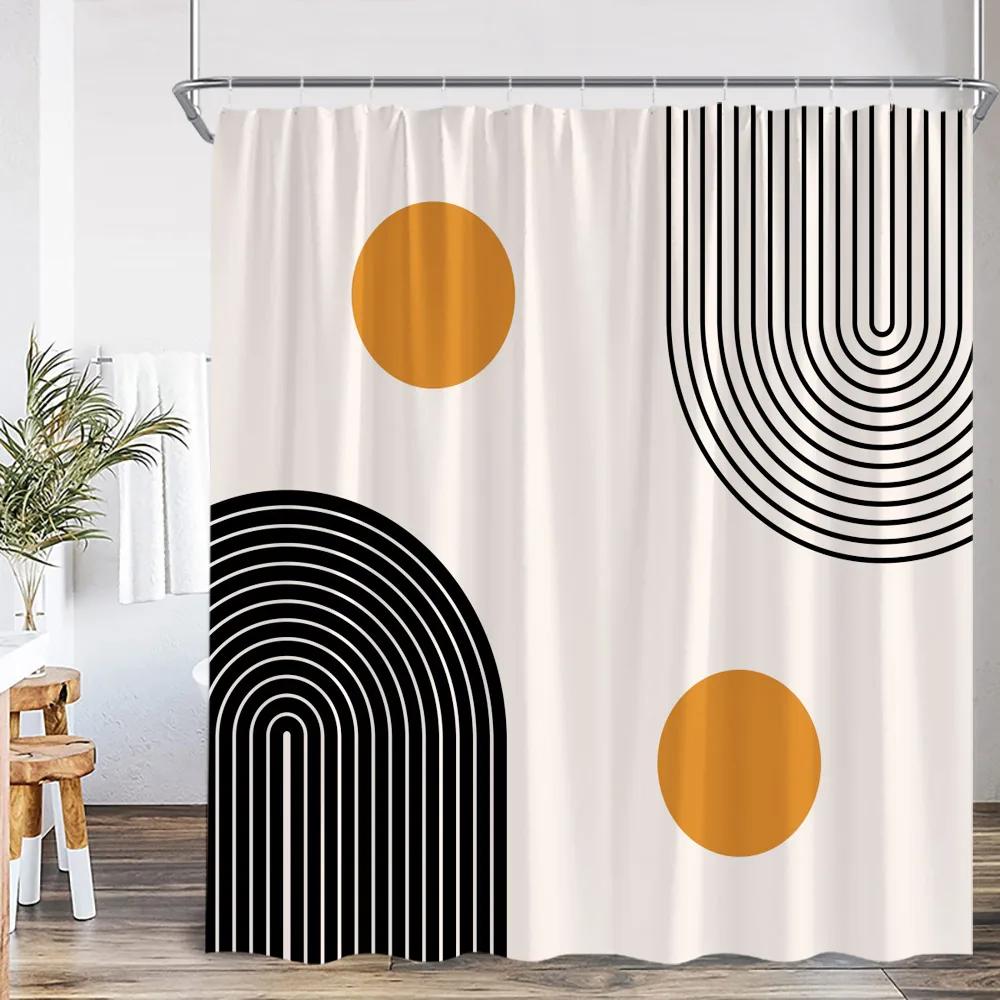 Mid Century Abstract Shower Curtain Leaf Curve Simple Line Nordic Modern Bathroom Decor Polyester Fabric Bath Curtain With Hoo