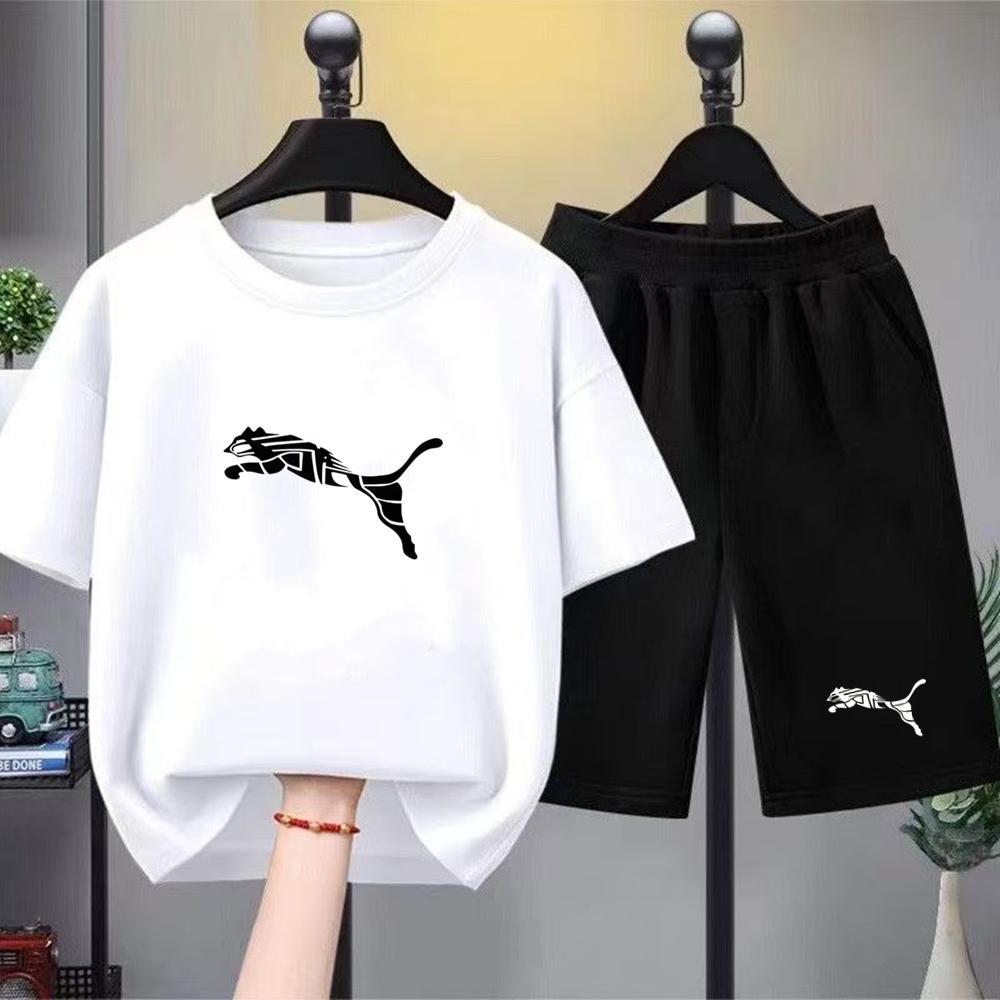 Set Due Pezzi T-shirt Bianca+Pantaloncini per Bambini Stampa Ragazzi Ragazze Toddler 3-12 Anni Sportivo Casual Abbigliamento Marca