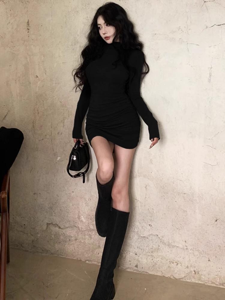 Slim Fit Half-High Collar Long Sleeve Dress for Women - Sexy Autumn/Winter Hip-Hugging Style