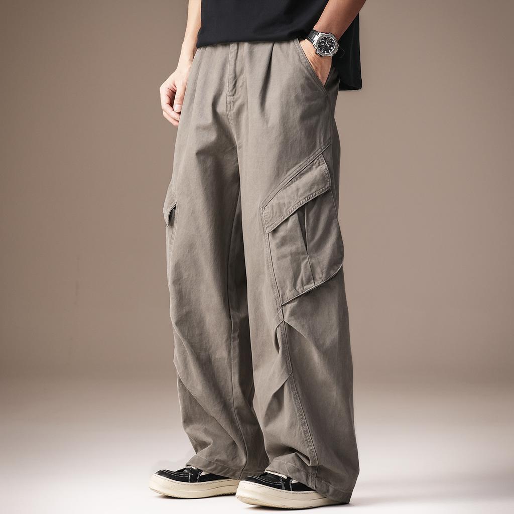 High-end American retro multi-pocket overalls men's summer trendy brand straight pleated loose wide-leg casual pants men