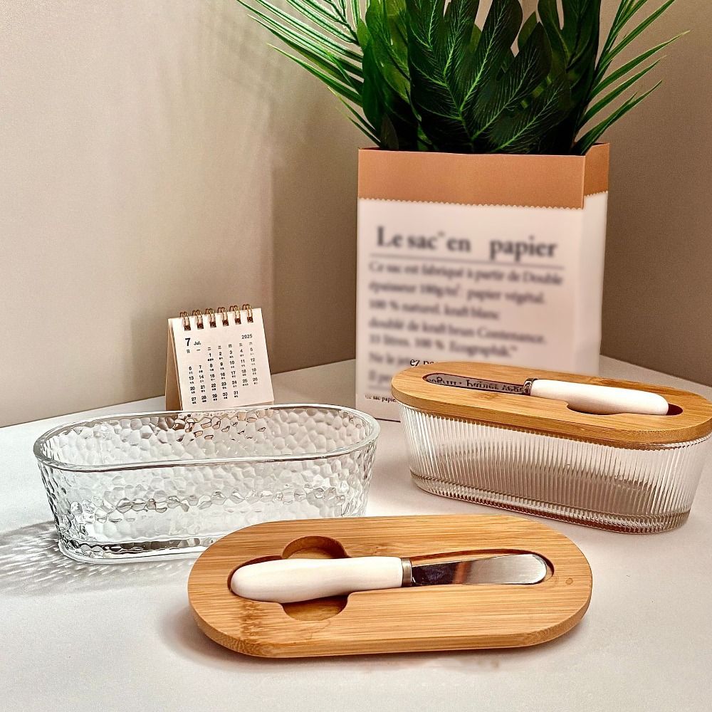 Transparent Glass Butter Box Oval Shape Butter Plate Cheese Storage Jar Butter Dish Baking