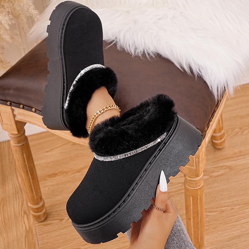 Fashion Crystal Strap Fur Ankle Boots Women Warm Short Plush Platform Snow Boots Woman Comfort Non Slip Thick Sole Cotton Shoes