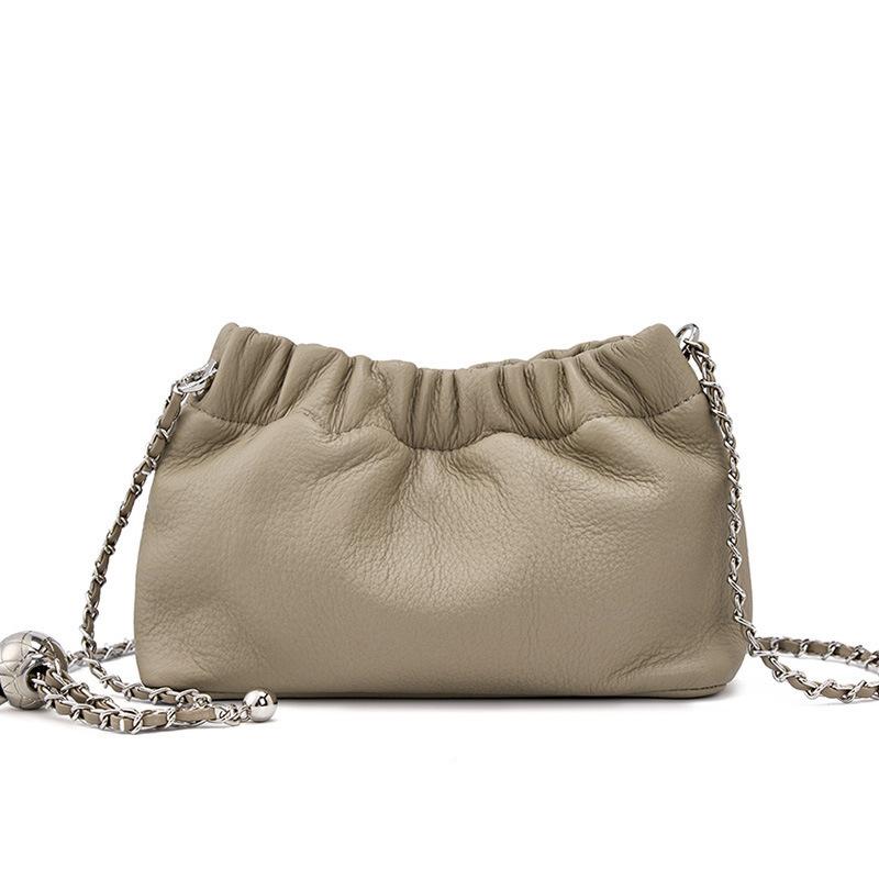 Popular Underarm Bag, Premium Sense Cloud Pleated Bag, Women'S Bag, First Layer Cowhide Single Shoulder Messenger Bag, Golden Ball Chain.