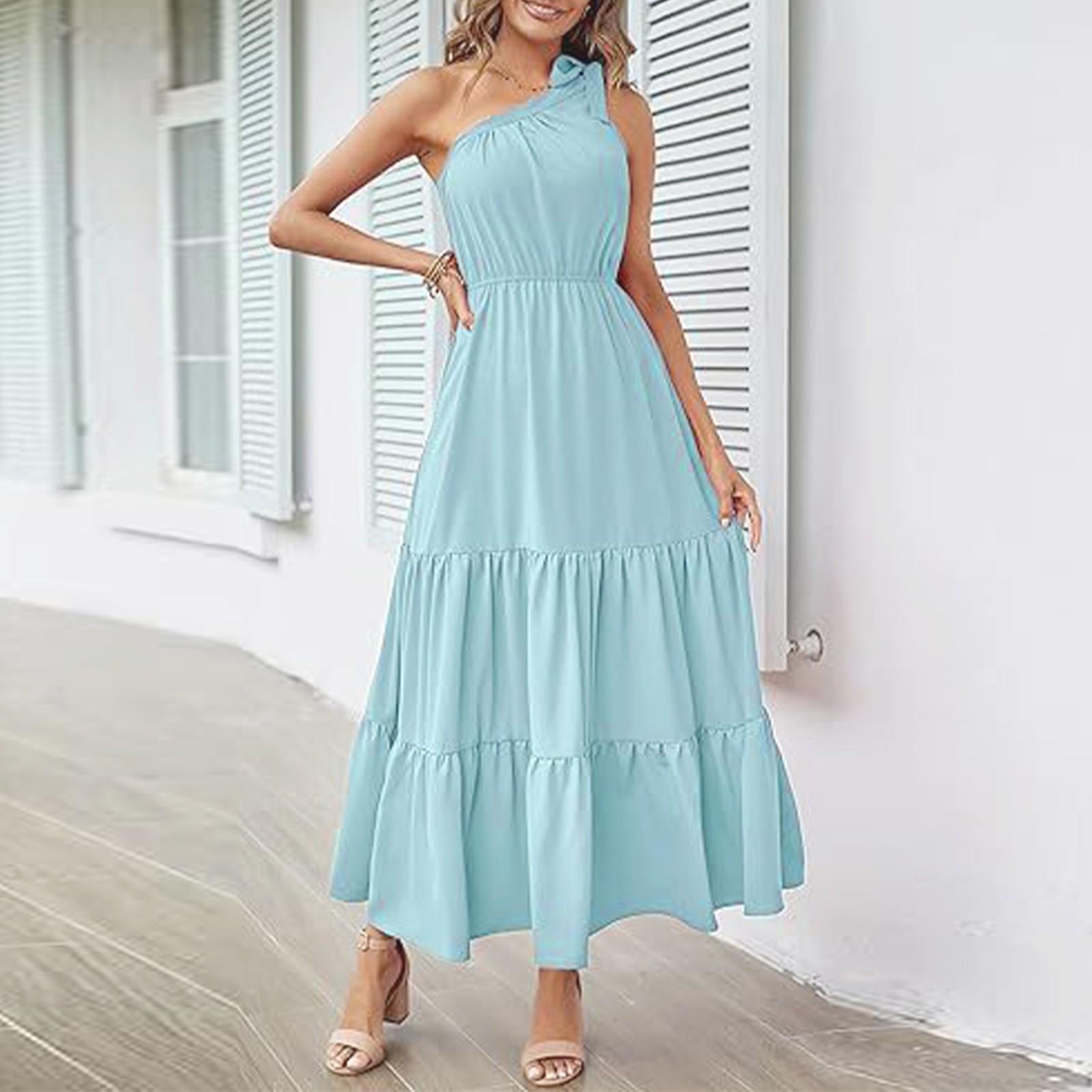 

Женское однотонное плиссированное платье без рукавов с большим подолом на одно плечо XL