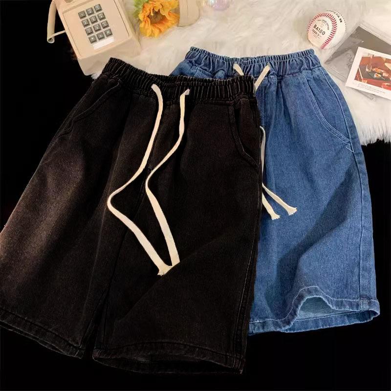 Korean Style Vintage Men's Jeans Summer Loose Male Wide Leg Knee Length Shorts Washed Fashion Short Denim Pants