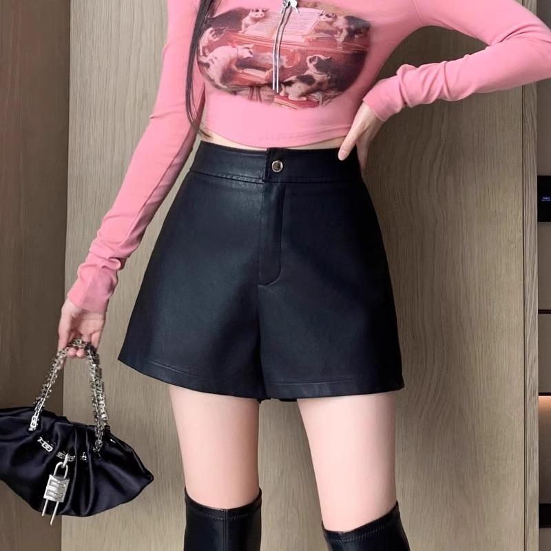 2023 Women's High Waist Slimming PU Leather Hot Pants - Sexy Black Petite Leggings