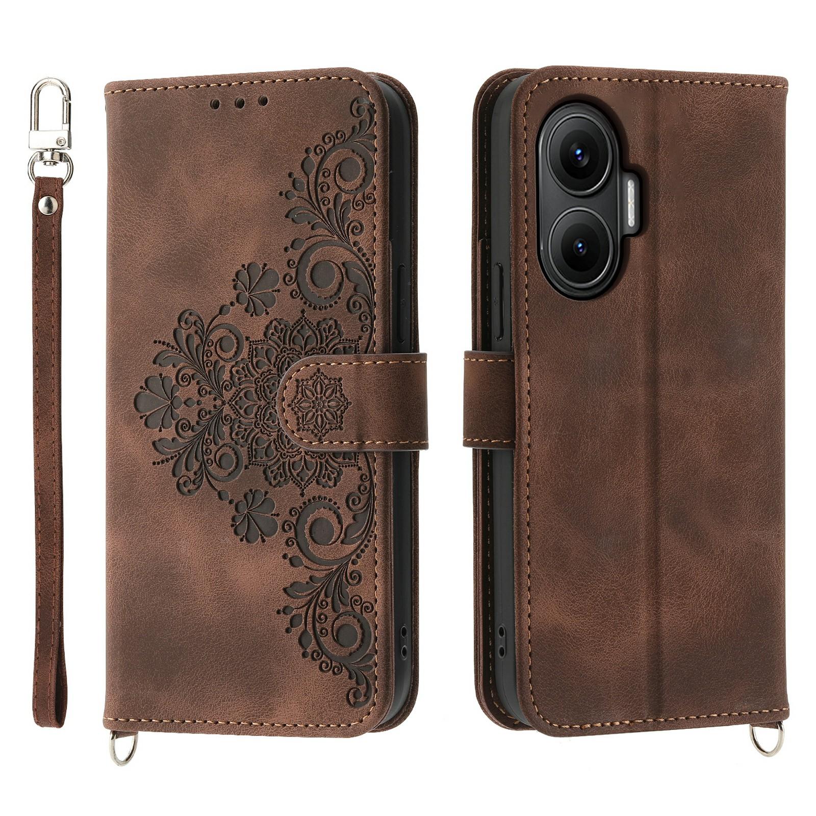 

For Xiaomi Poco F7 5G/Redmi Turbo 4 Pro 5G Case Flower Pattern PU Leather Wallet Phone Cover with Strap Brown