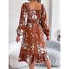 Women's Square Neck Floral Long Sleeve Dress Ruffle Hem A-Line Smocked Waist Elegant Midi