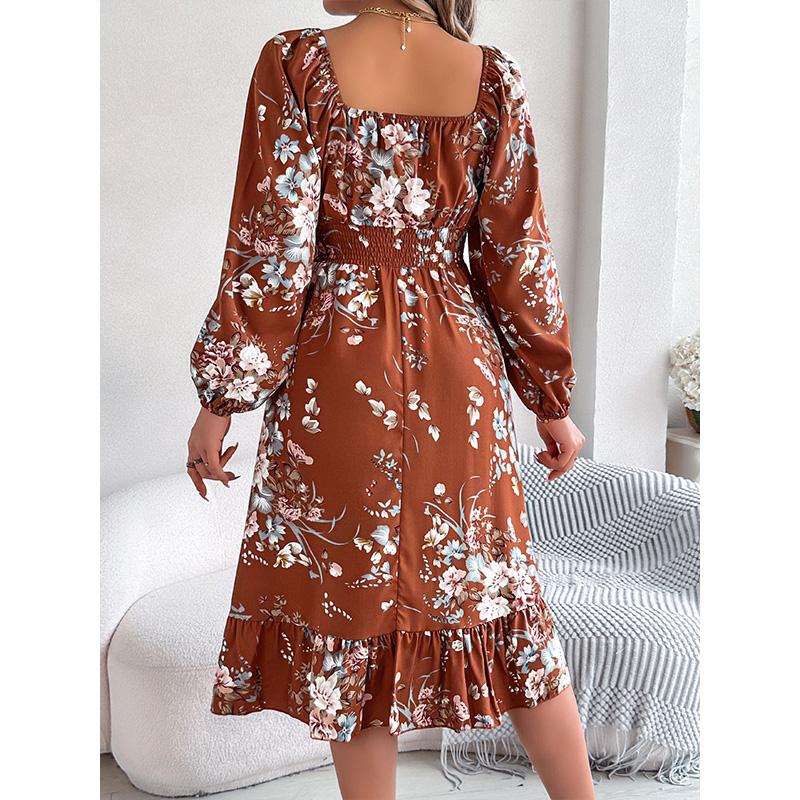 Women's Square Neck Floral Long Sleeve Dress Ruffle Hem A-Line Smocked Waist Elegant Midi