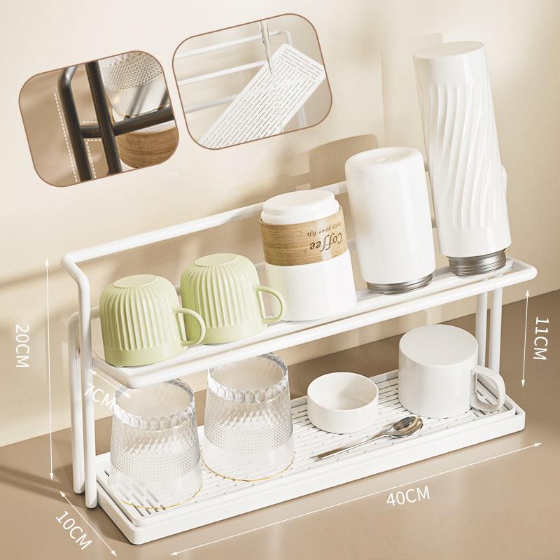 Double-layer Cup Rack with Drain Tray Rack for Kitchen Table Top Glass Cups, Tea Cups, Coffee Cups and Water Cups Organizer Shel