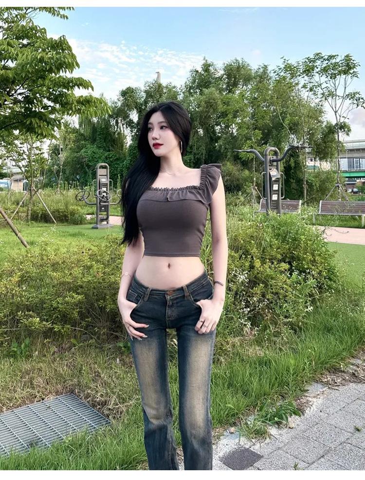 Korean Dongdaemun Off-Shoulder Ruffle Crop Top: Slimming, Sexy, Pure Desire Style for Women