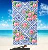Mediterranean Lemon Print Beach Towel, Microfiber Large Sand Free Quick Dry, Blue Tile Pattern, Soft Absorbent Beach Towel