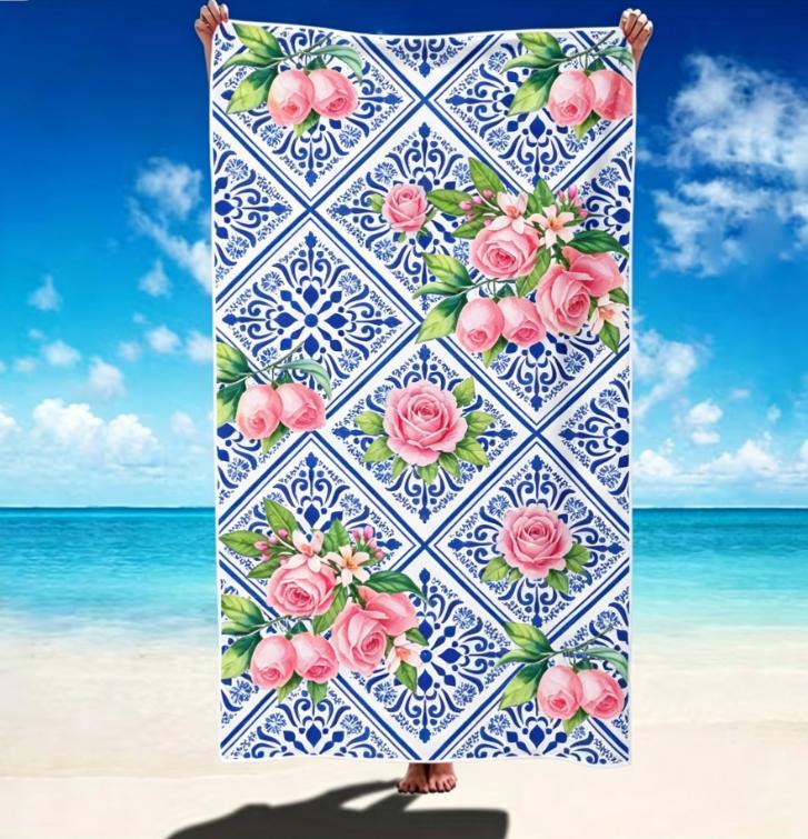 Mediterranean Lemon Print Beach Towel, Microfiber Large Sand Free Quick Dry, Blue Tile Pattern, Soft Absorbent Beach Towel