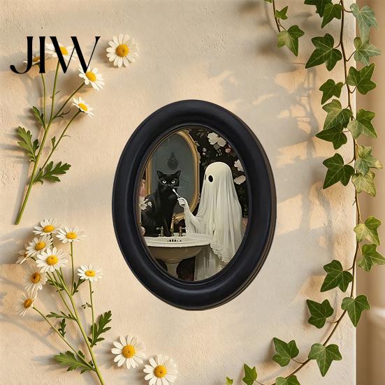 Unique Housewarming Gifts Halloween Wooden Door Hanging Sign, Oval Gothic Black Cat Ghost Wall Plaque, Retro Decoration Waterproof Decor Art