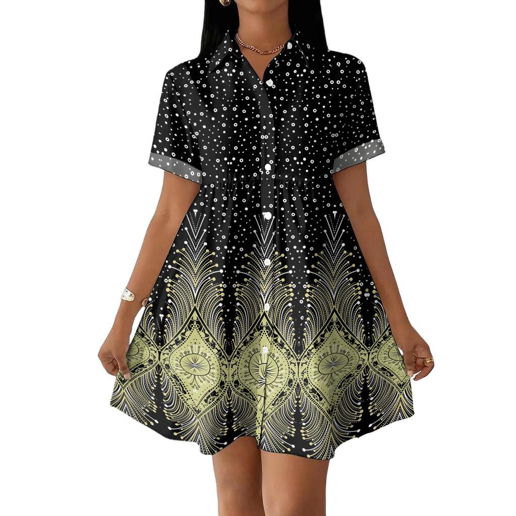Women Casual Loose Shirt Dress Button Up Stand Collar Short Sleeve Printed Mini Dress Lightweight Tunic Dress
