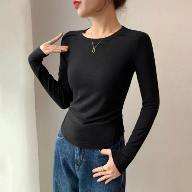 Soft Elastic Pullover Tops Women Long Sleeve Round Neck Slim Fit Base Shirt Solid Color Daily Wear Tops