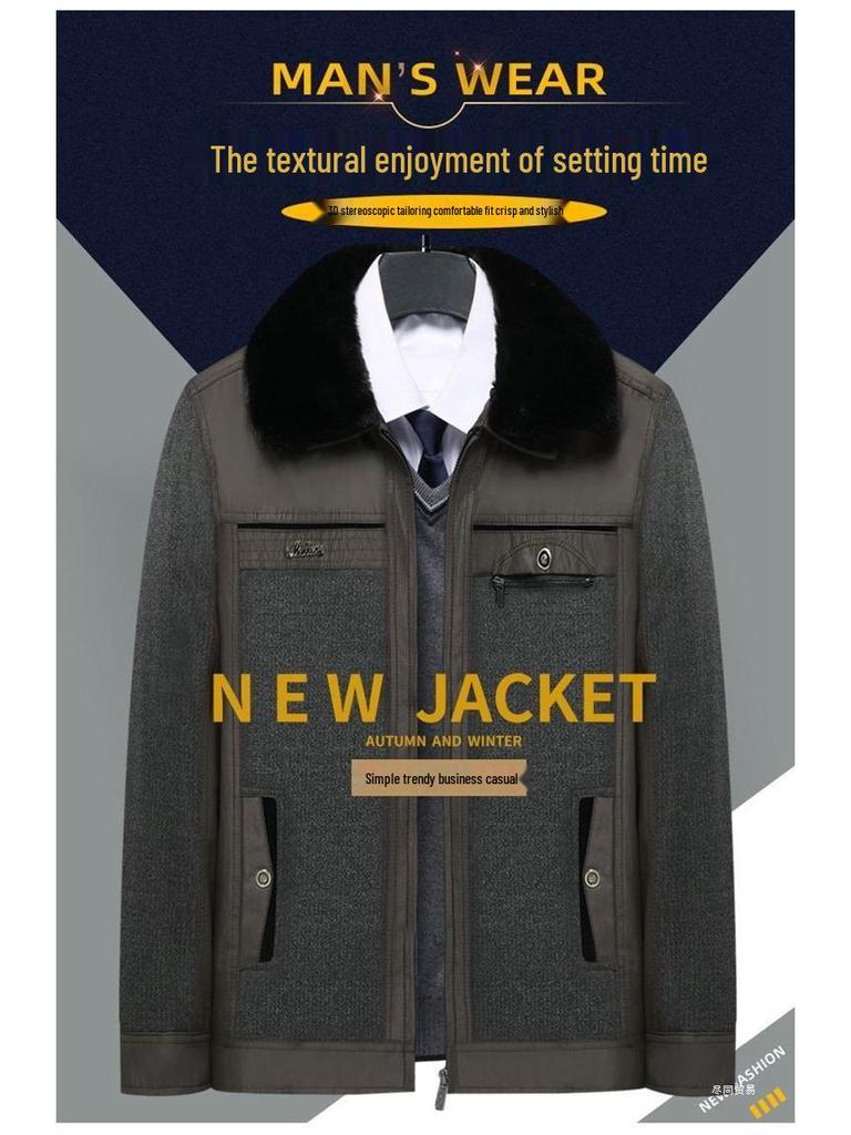 Men's Fleece-Lined Lapel Jacket, Thickened Autumn/Winter Coat for Middle-Aged and Older Men