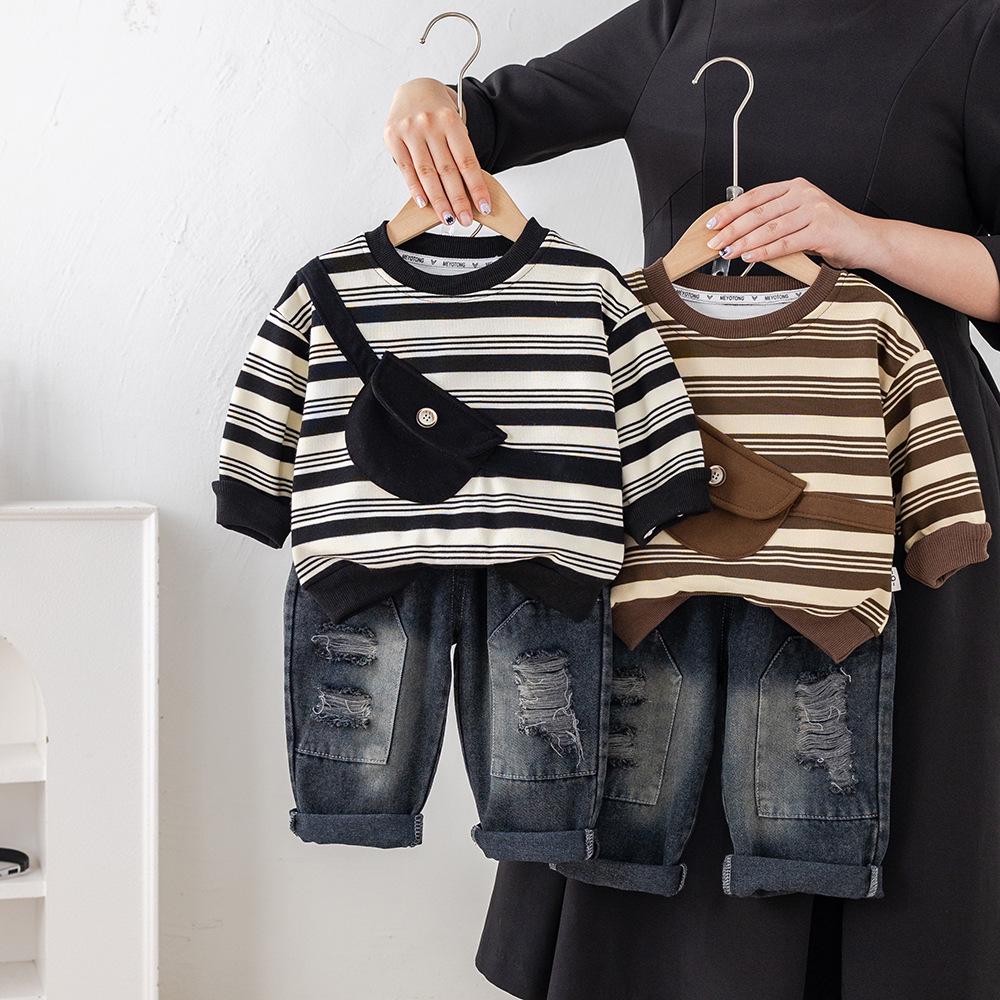 Boys' Toddler Spring & Autumn Striped Sweatshirt with Crossbody Bag Two-Piece Set, 2025