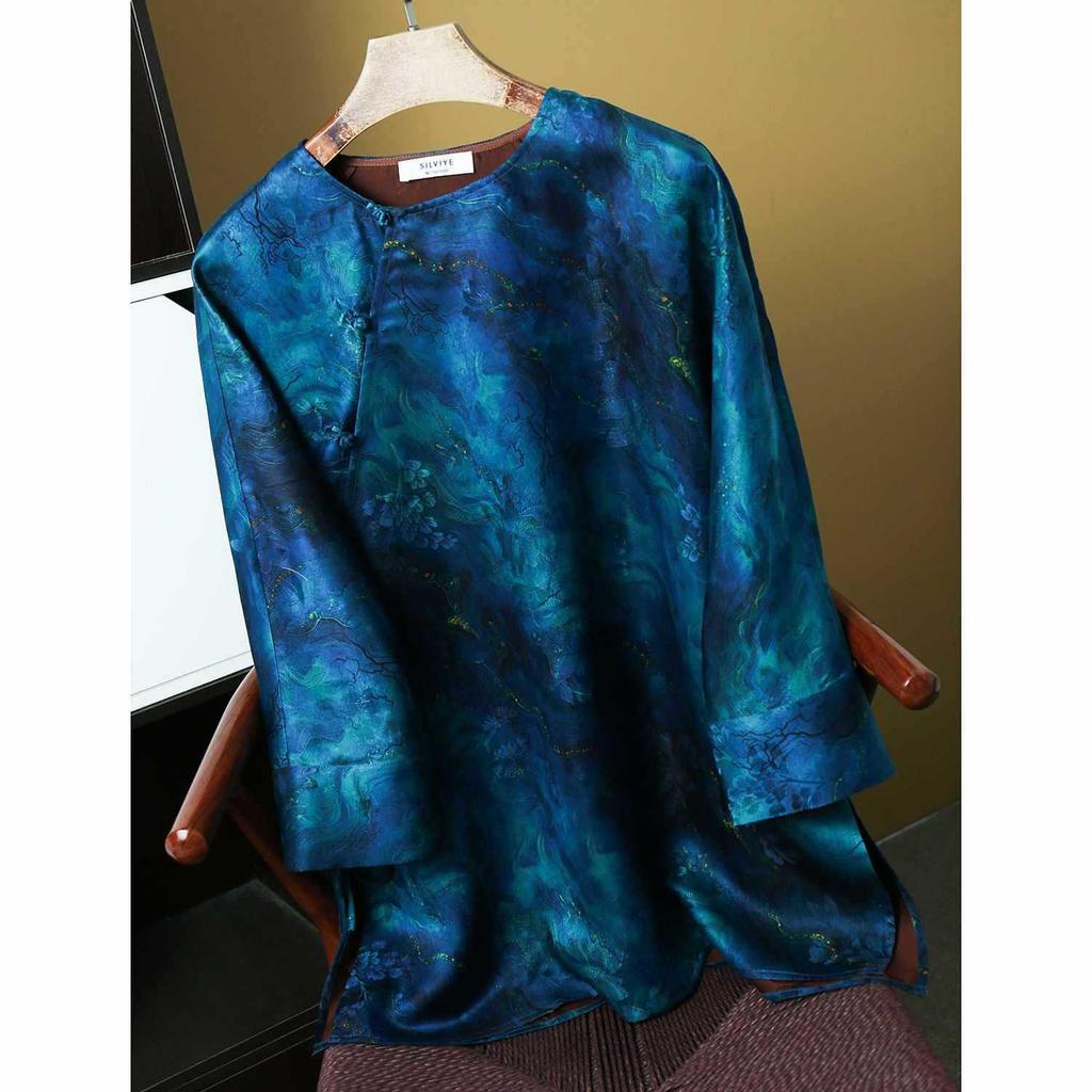 Women's Floral Silk Xiangyunsha Oblique Lapel Tie-Up Shirt - Man-made Silk, Loose Fit, National Style, for Spring/Summer
