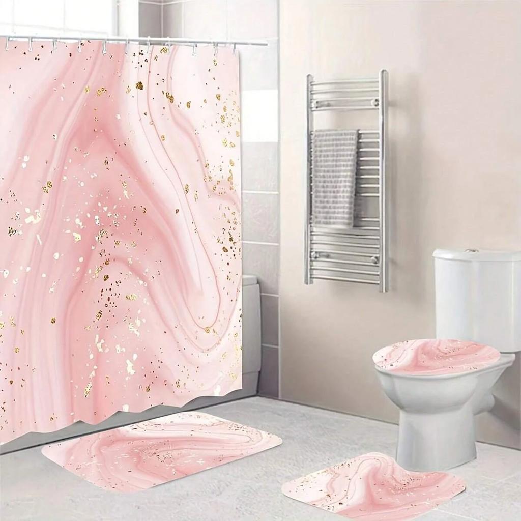 1 st Duschdraperi i rosa marmor med guldkanter, Vattenavvisande duschdraperi med plastkrokar, Badrumstillbehör,