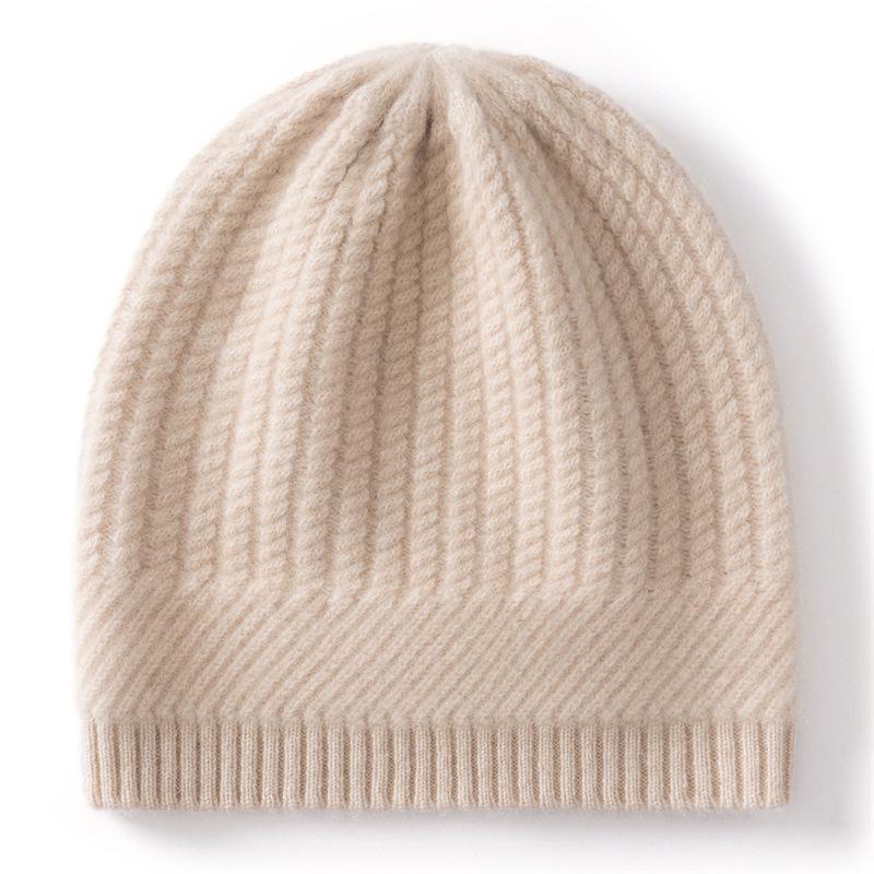 Women's 100% Pure Cashmere Ribbed Knit Hat - Stylish Solid Color, Warm Head Covering with Ear Protection