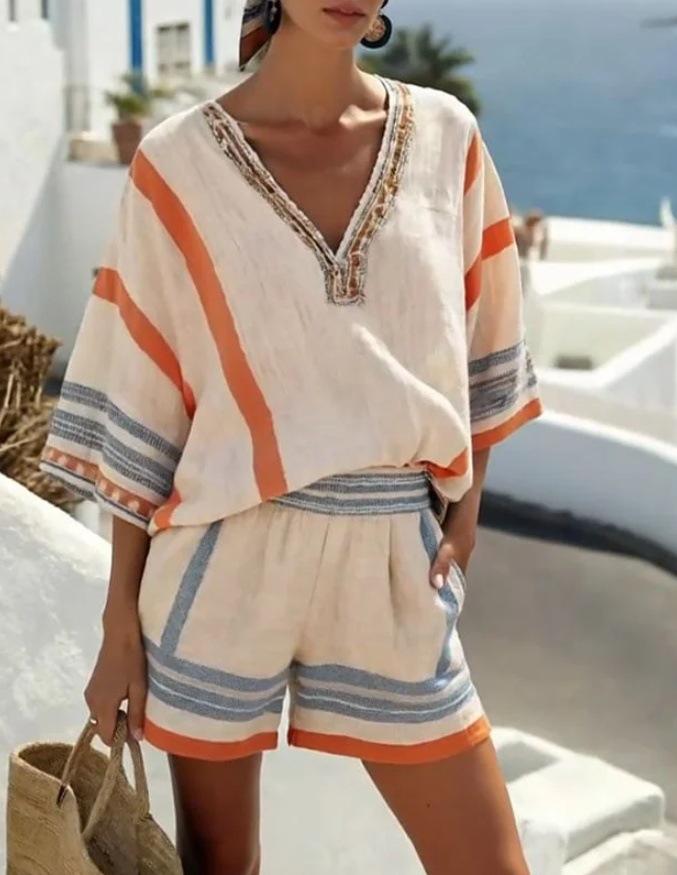 2026 European & American Linen Striped V-Neck Top & Shorts Set for Women