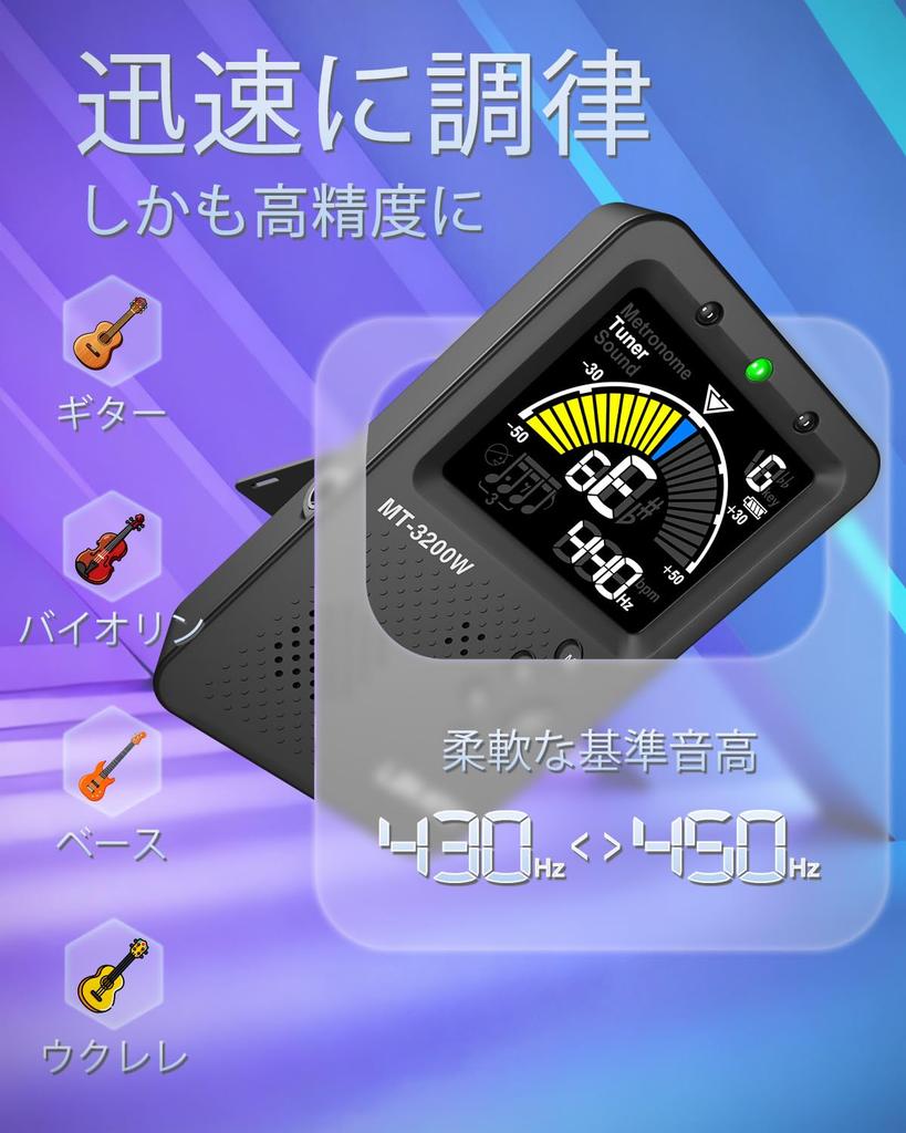 LEKATO Digital Tuner with Metronome Mode for with Beat LED Color USB Multifunctional Tuner 3-in-1 Guitar/Bass/Piano, Lightweight, Clip-on Microphone,