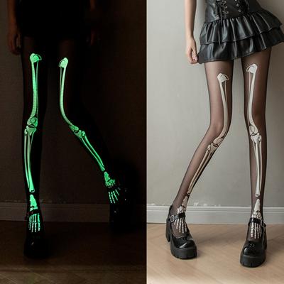 Halloween Skeleton Women Pantyhose Ghost Leg Print Contrast Color Glow At Night Luminous Thin Mesh Terrifying Anti-slip Cosplay Performance