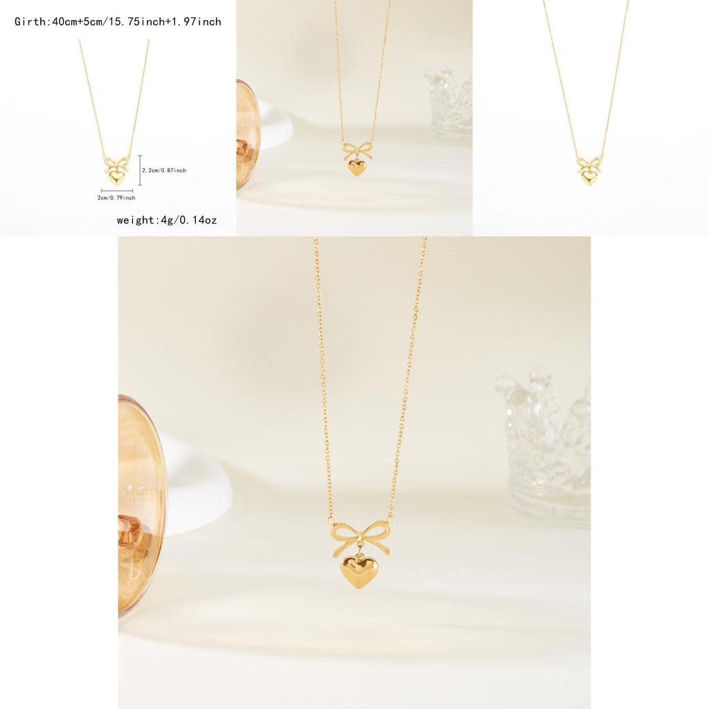 Minimalist Butterfly Bow Heart Pendant Necklace With Gold Plated Stainless Steel For Women