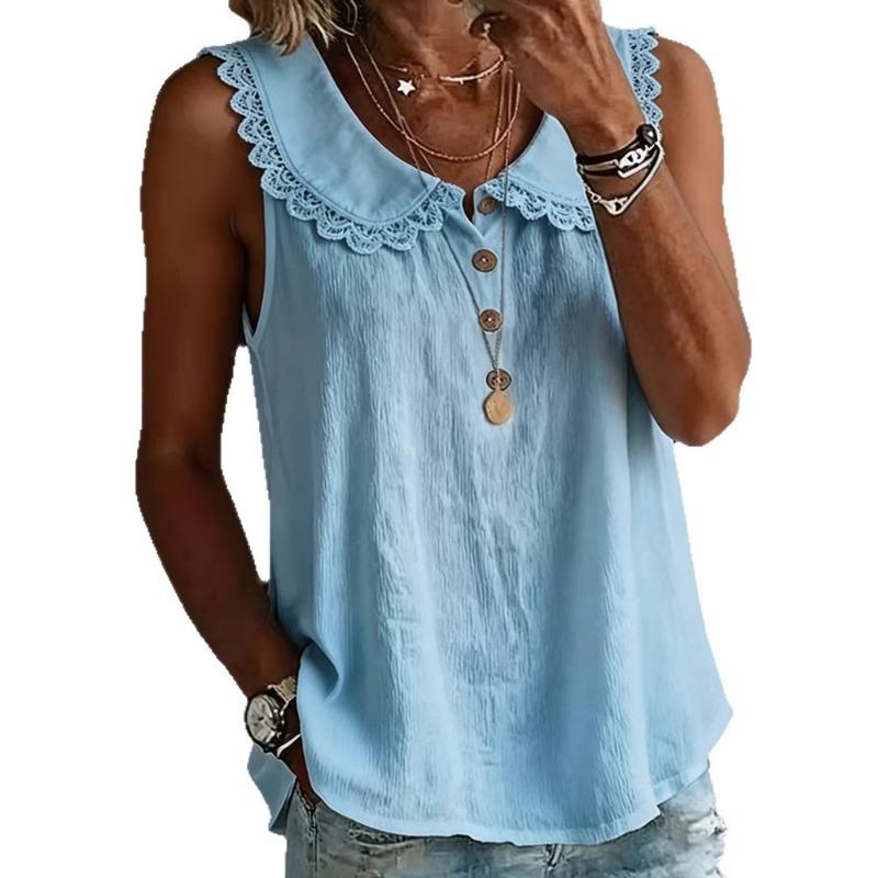 Women Lace Trim Peter Pan Collar Sleeveless Half Button Crinkled Blouse