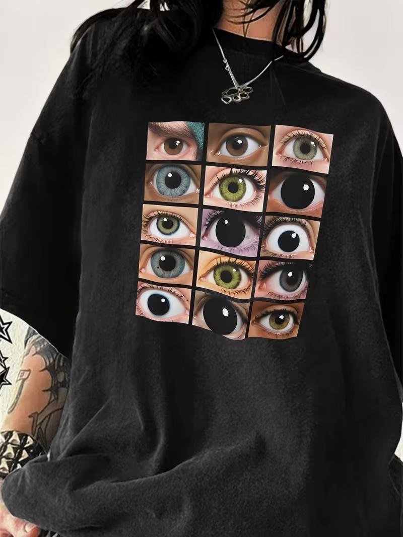 Unisexs TShirt Fashion Y2k Casual Eye Print Round Neck Short Sleeve Loose Black TShirtAllSeasonLadys Tops S