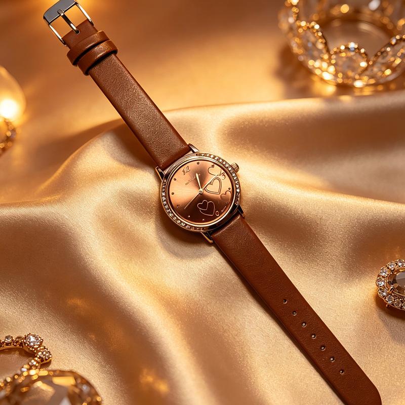 Rhinestone Heart Women's Watch Leather Strap Quartz Fashion Minimalist Wristwatch