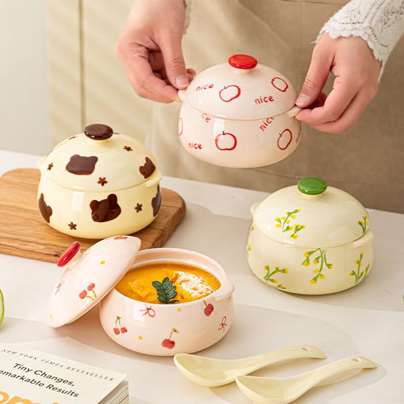 КЕЙНМО 5-дюймовый мультяшный керамический горшок для тушения с крышкой и ложкой
