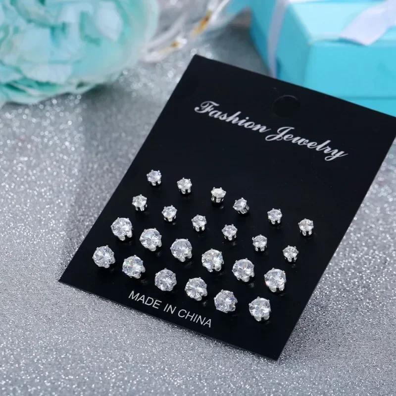 12 Pairs White Shiny Wedding Stud Earrings Set | CZ Cubic Zirconia Unisex Hypoallergenic Jewelry