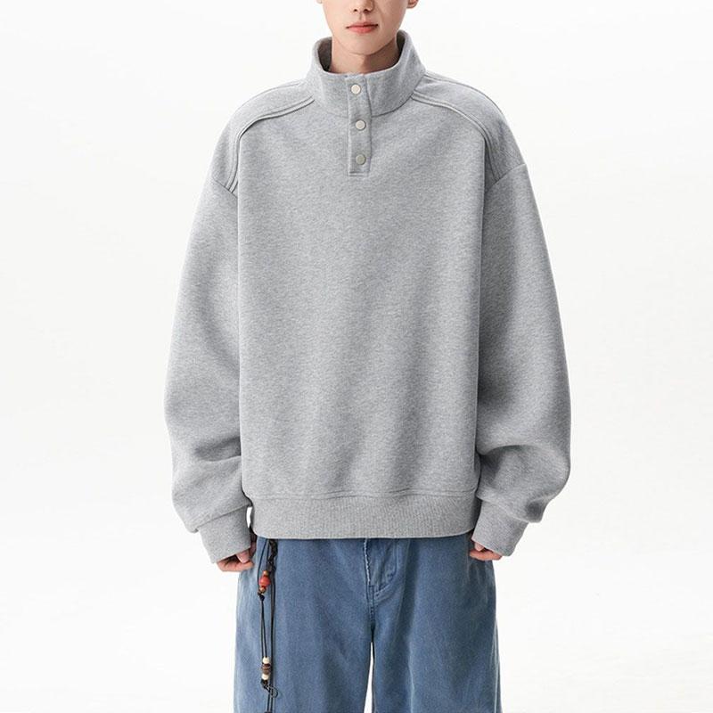 

Men s Clothing American Stand Collar Sweatshirts Young Style Spring Autumn Half Open Collar Button Loose Fashionable Pullovers M серый