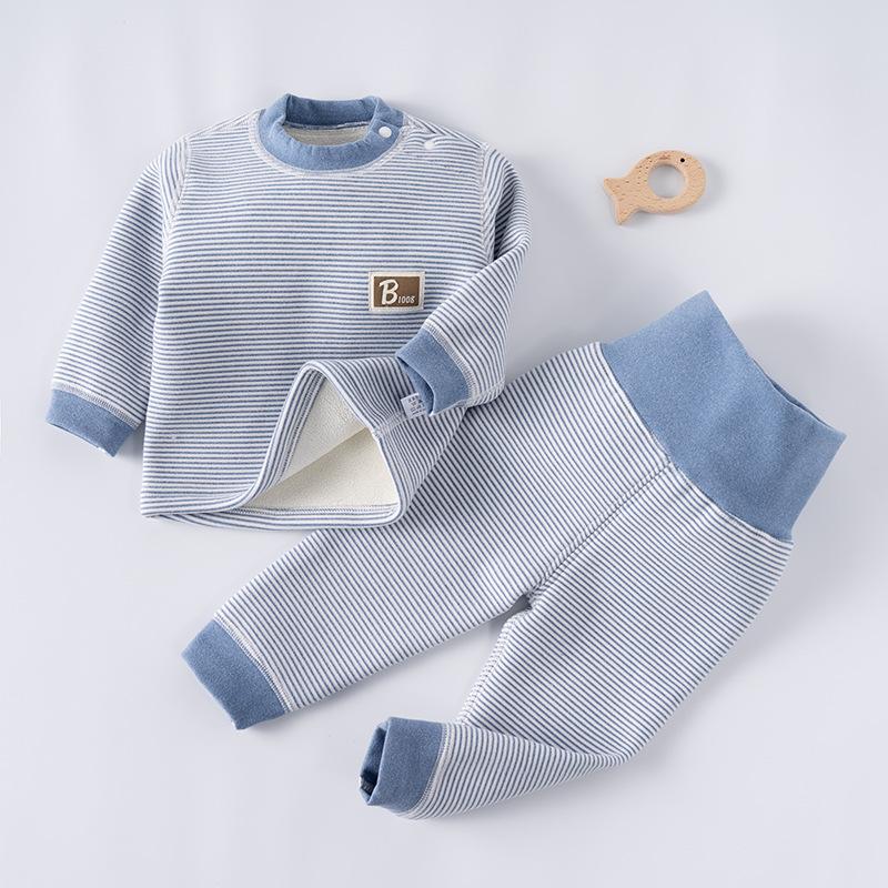 Herbst- und Winter-Kinderhausanzug-Set mit Plüsch und verdickten Baby-Armbändern, gestreifte Herbstkleidung und Hosen, Hausanzug-Set