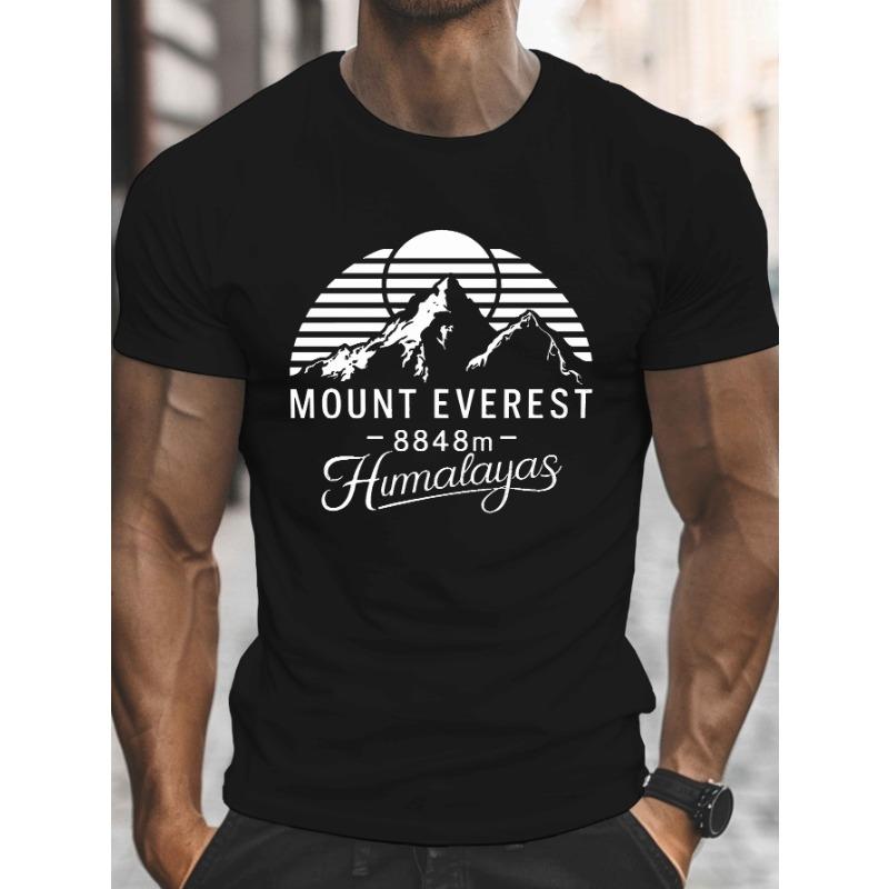 European Size Men'S Mount Everest Graphic Tee - Crew Neck T-Shirt with Slight Stretch, Geometric Mountain Range Print, Casual Knit Fabric Top