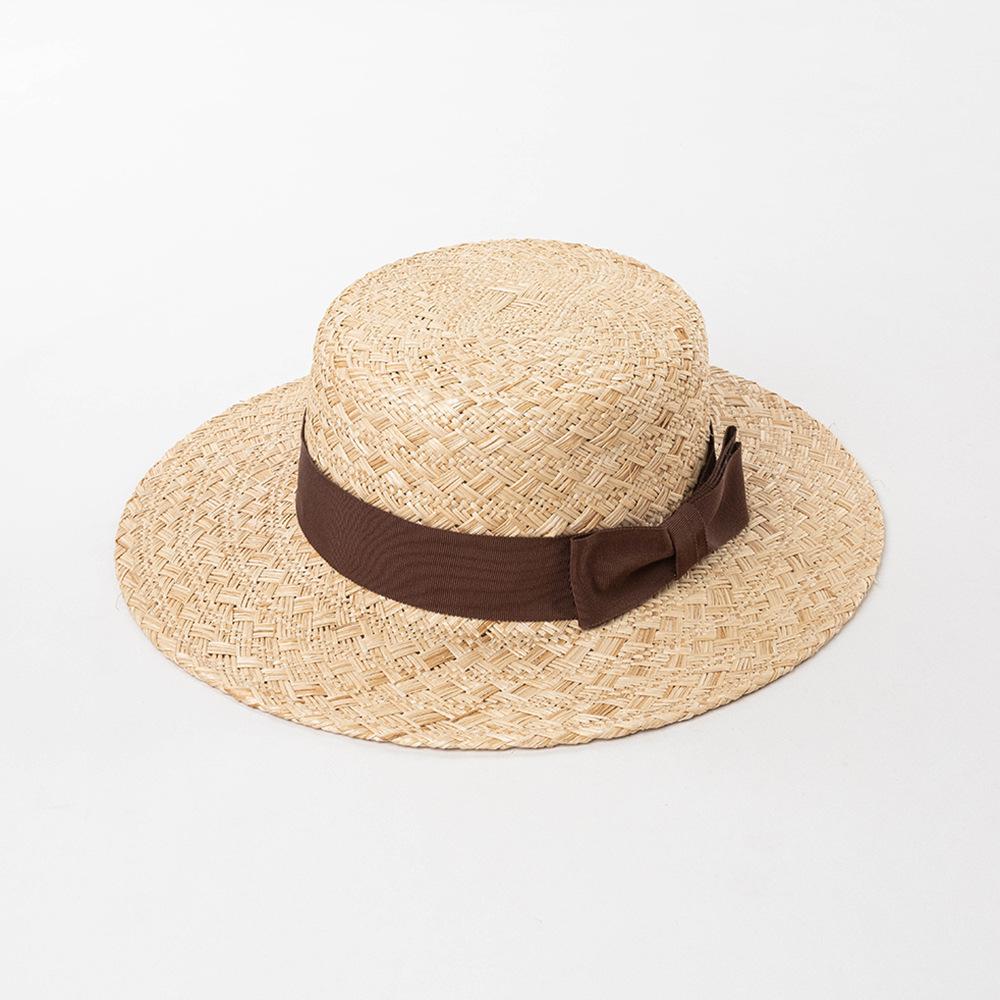 New Fashion Casual Hand-woven Treasure Grass Bow Webbing Flat Top Hat Sunshade Straw Hat Trendy and Versatile