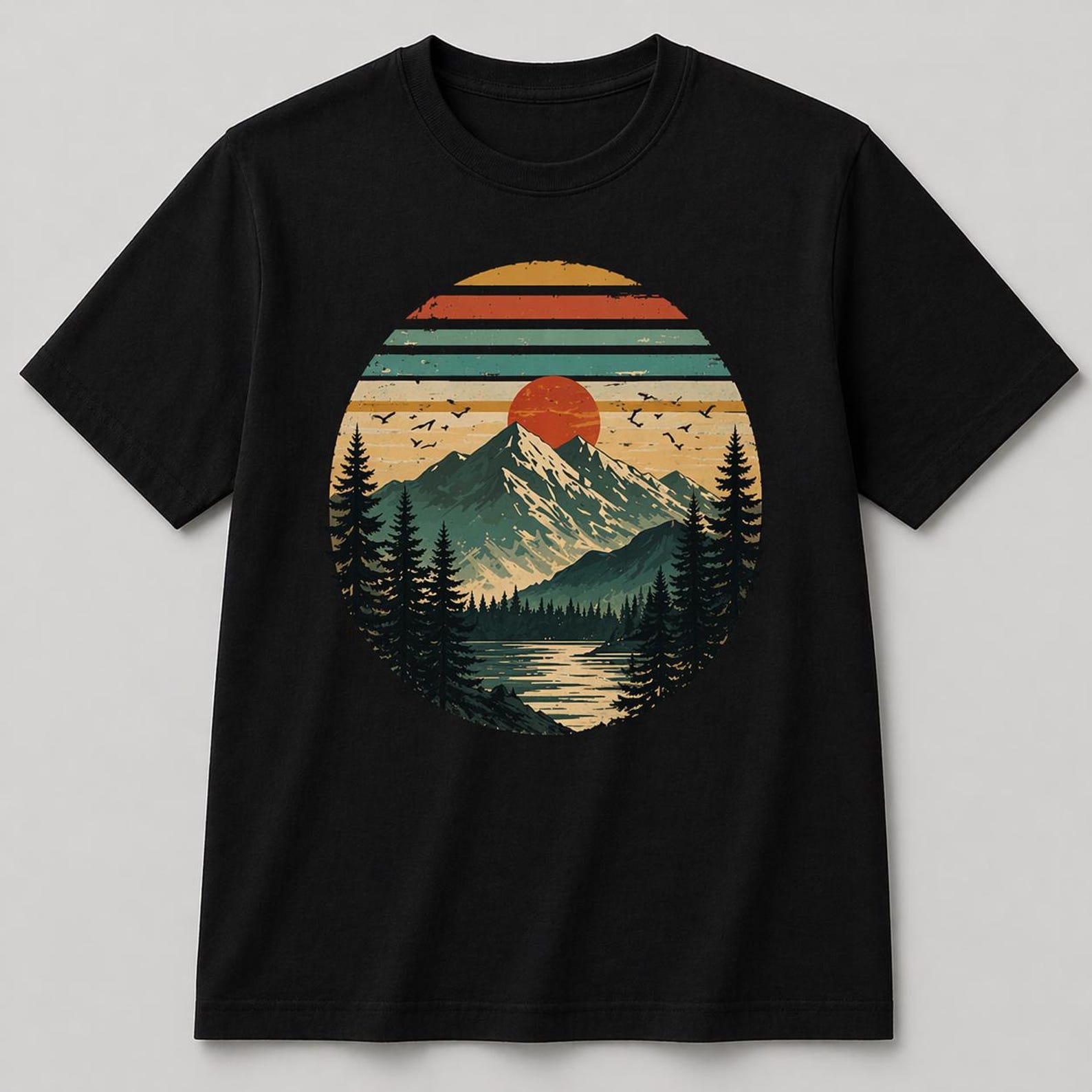 Retro Mountain Sunset T-Shirt – Vintage Nature Landscape Graphic Tee XL