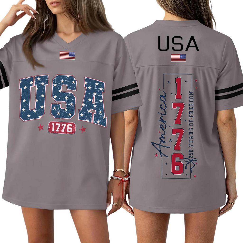 Damen Casual Mode V-Ausschnitt Sport Unabhängigkeitstag Druck Kurzarm Sport T-Shirt Top