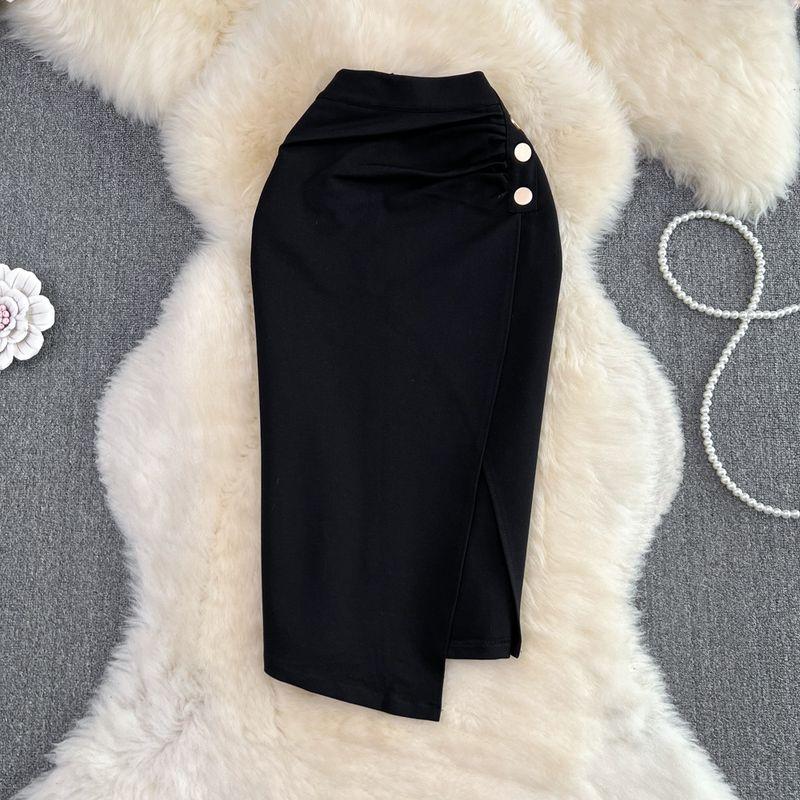 

Fashion Front Slit Office Lady Skirt Casual Mid Length Long Length Breasted Black 2XL